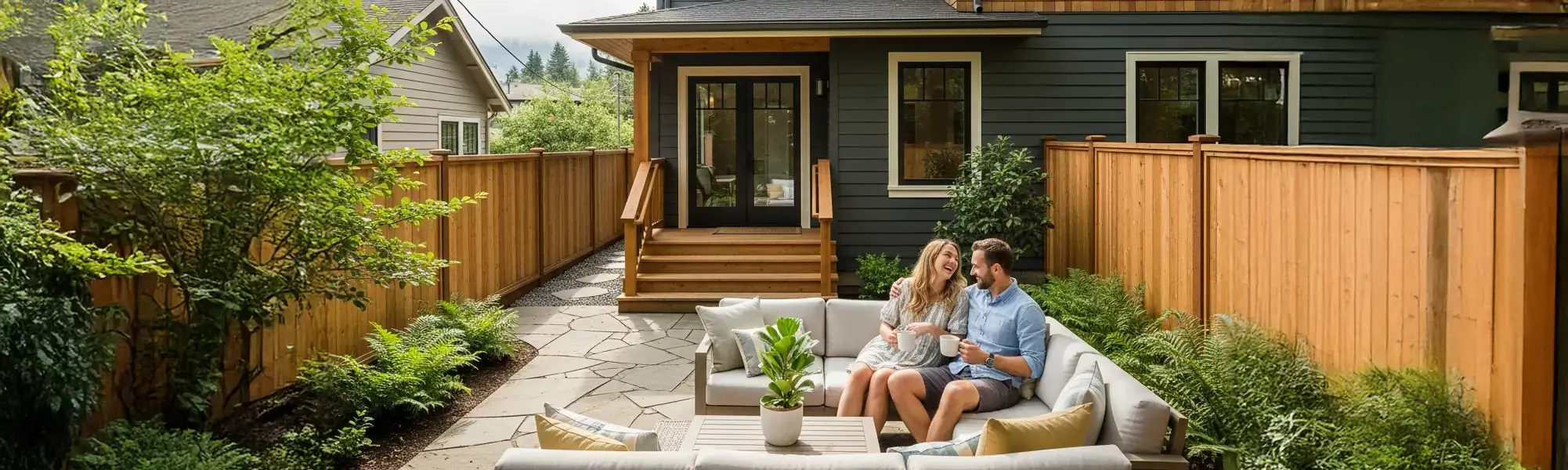 Patio, Cedar Fencing, Backyard Enjoying Life